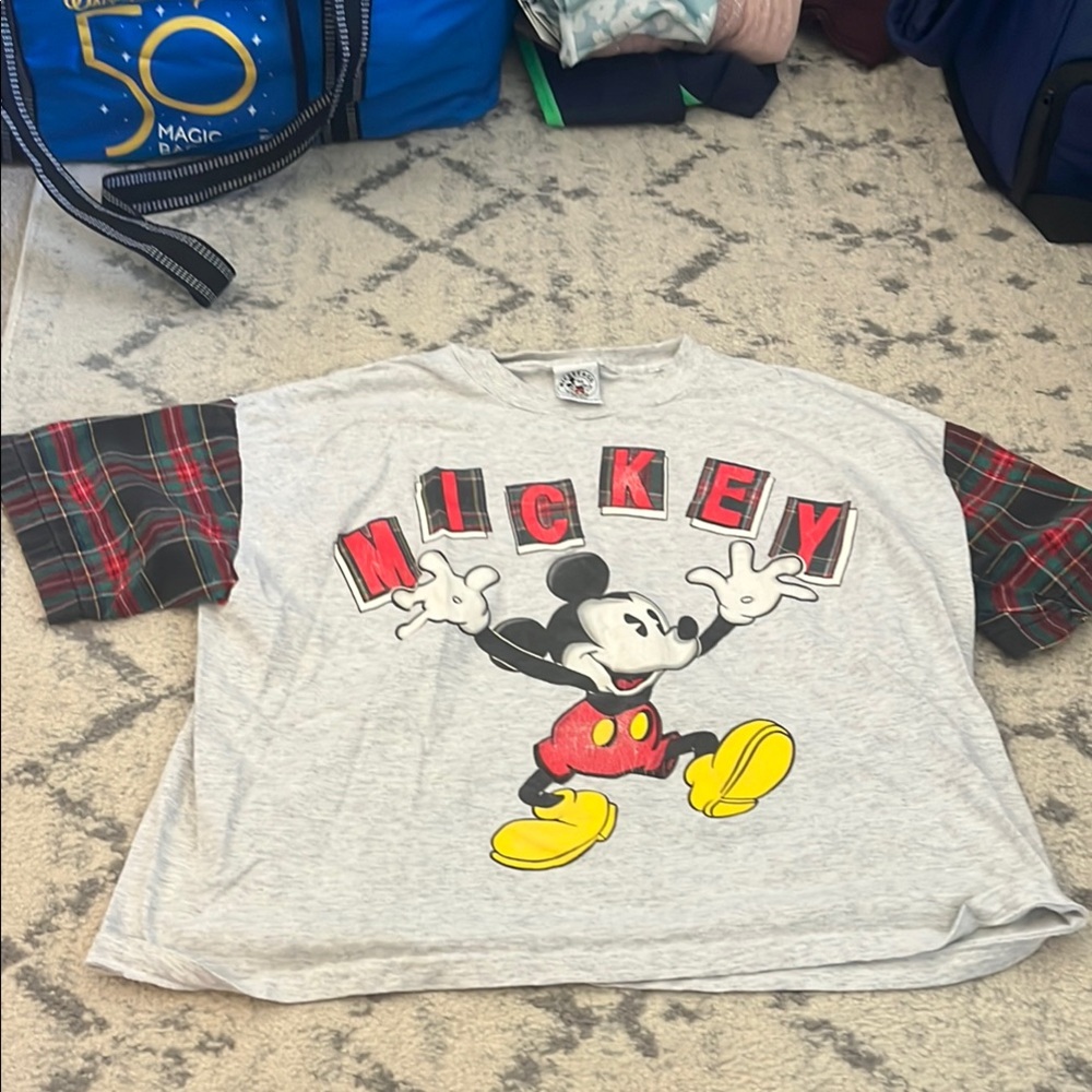 Disney Mickey Mouse Plaid Sleeve Tee - VINTAGE